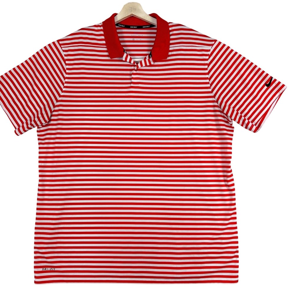 Nike Golf Polo Shirt‎ Mens 2XL Red White Stripe Dri-FIT Performance 891853-657